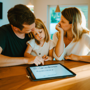 Familia en casa revisando plan de emergencia con tranquilidad